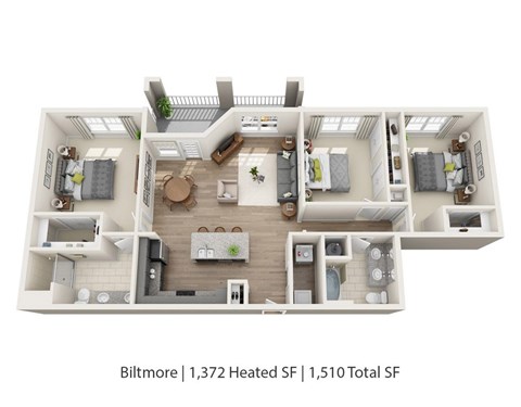 Floor plan for 3 beds, 2 baths, 1372 sqft